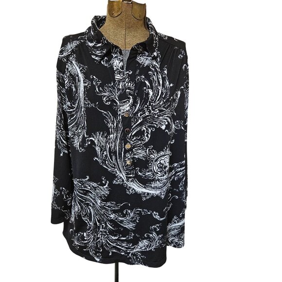 Alfani Woman Blouse Womens Size 2X Black White Printed Long Sleeve Button-Down - Picture 1 of 8